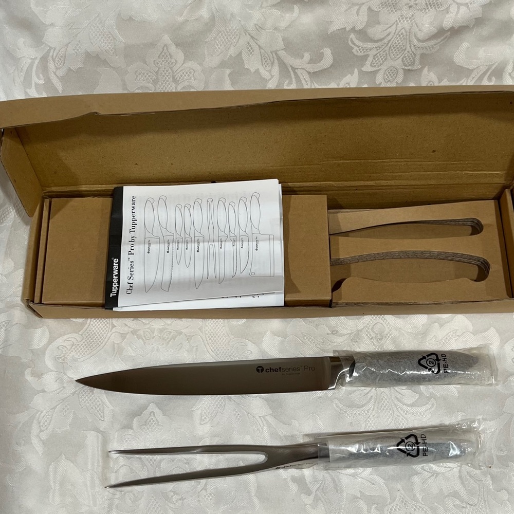 NEW (NIB) Tupperware Chef's Carving Knife and Fork Set, Forged Stainless Steel